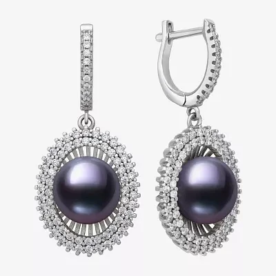 Womens Black Cultured Freshwater Pearl Sterling Silver Round Drop Earrings