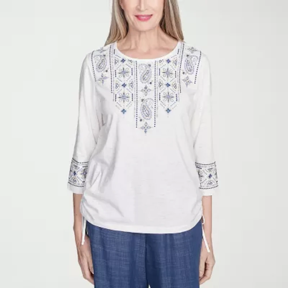 Alfred Dunner Summer Solstice Womens Crew Neck 3/4 Sleeve T-Shirt