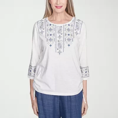 Alfred Dunner Summer Solstice Womens Crew Neck 3/4 Sleeve T-Shirt
