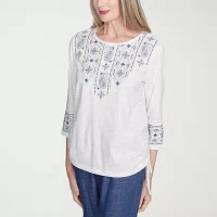 Alfred Dunner Summer Solstice Womens Crew Neck 3/4 Sleeve T-Shirt