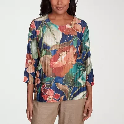 Alfred Dunner Summer Solstice Womens Crew Neck 3/4 Sleeve Stretch Fabric T-Shirt