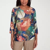 Alfred Dunner Summer Solstice Womens Crew Neck 3/4 Sleeve Stretch Fabric T-Shirt