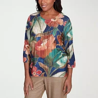 Alfred Dunner Summer Solstice Womens Crew Neck 3/4 Sleeve Stretch Fabric T-Shirt