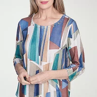 Alfred Dunner Summer Solstice Womens Crew Neck 3/4 Sleeve Stretch Fabric T-Shirt