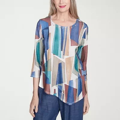Alfred Dunner Summer Solstice Womens Crew Neck 3/4 Sleeve Stretch Fabric T-Shirt