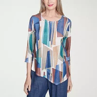 Alfred Dunner Summer Solstice Womens Crew Neck 3/4 Sleeve Stretch Fabric T-Shirt