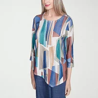 Alfred Dunner Summer Solstice Womens Crew Neck 3/4 Sleeve Stretch Fabric T-Shirt
