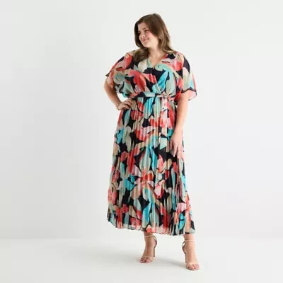 Sandra Darren Womens Short Sleeve Floral Maxi Dress Plus