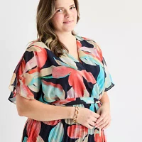 Sandra Darren Womens Short Sleeve Floral Maxi Dress Plus