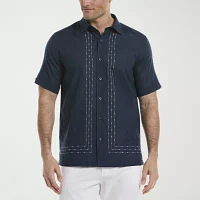 Cubavera L Shape Embroidery Mens Regular Fit Short Sleeve Panel Button-Down Shirt