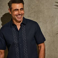 Cubavera L Shape Embroidery Mens Regular Fit Short Sleeve Panel Button-Down Shirt