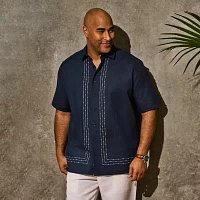 Cubavera L Shape Embroidery Mens Regular Fit Short Sleeve Panel Button-Down Shirt