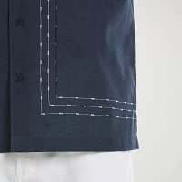 Cubavera L Shape Embroidery Mens Regular Fit Short Sleeve Panel Button-Down Shirt