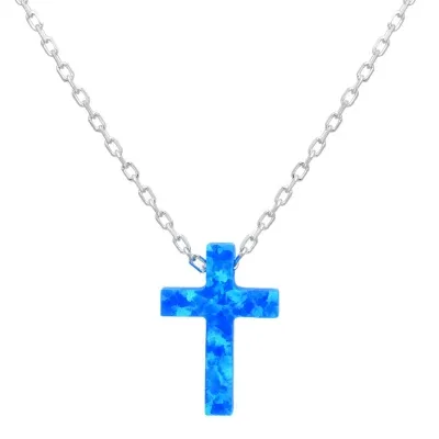 Womens Lab Created White Opal Sterling Silver Cross 18 Inch Pendant Necklace