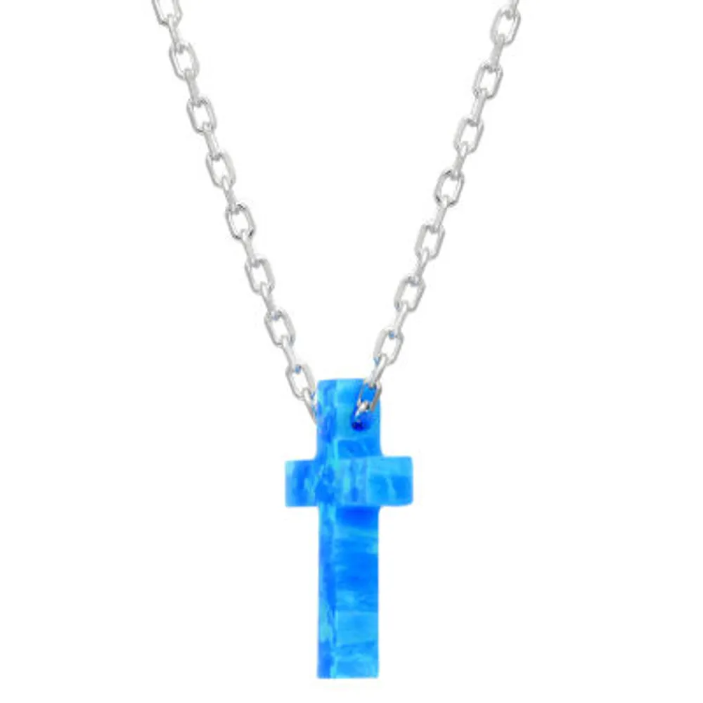 Womens Lab Created White Opal Sterling Silver Cross Pendant Necklace