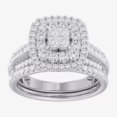 (G-H / Si1-Si2) Womens 1 CT. T.W. Lab Grown White Diamond 10K Gold Cushion Side Stone Bridal Set