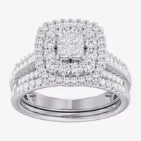 (G-H / Si1-Si2) Womens 1 CT. T.W. Lab Grown White Diamond 10K Gold Cushion Side Stone Bridal Set