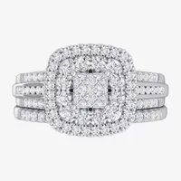 (G-H / Si1-Si2) Womens 1 CT. T.W. Lab Grown White Diamond 10K Gold Cushion Side Stone Bridal Set