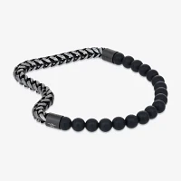 Black Agate Gray Stainless Steel Beaded Bracelet