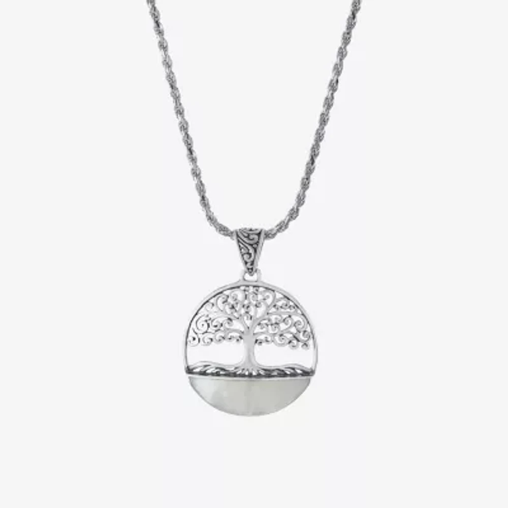 Tree Of Life Womens White Mother Of Pearl Sterling Silver Round 16 Inch Pendant Necklace
