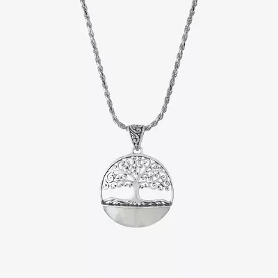 Tree Of Life Womens White Mother Of Pearl Sterling Silver Round 16 Inch Pendant Necklace