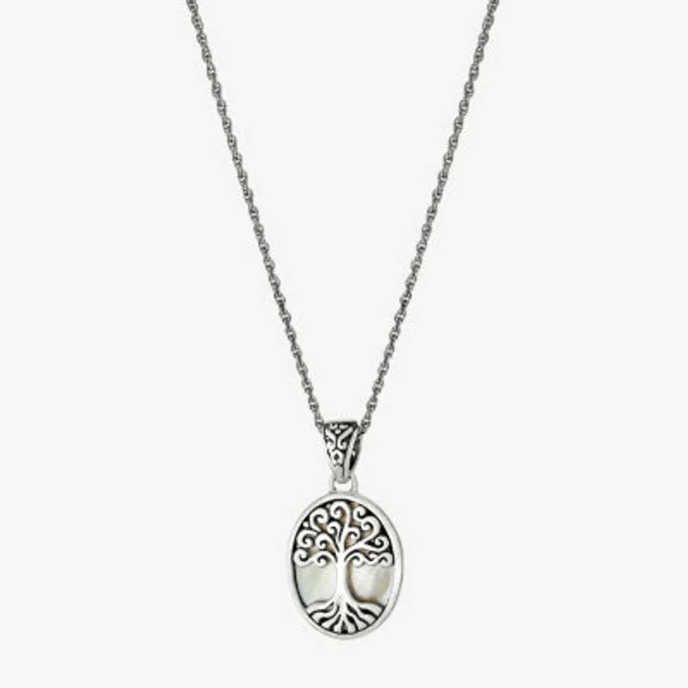 Tree Of Life Womens White Mother Of Pearl Sterling Silver Pendant Necklaces