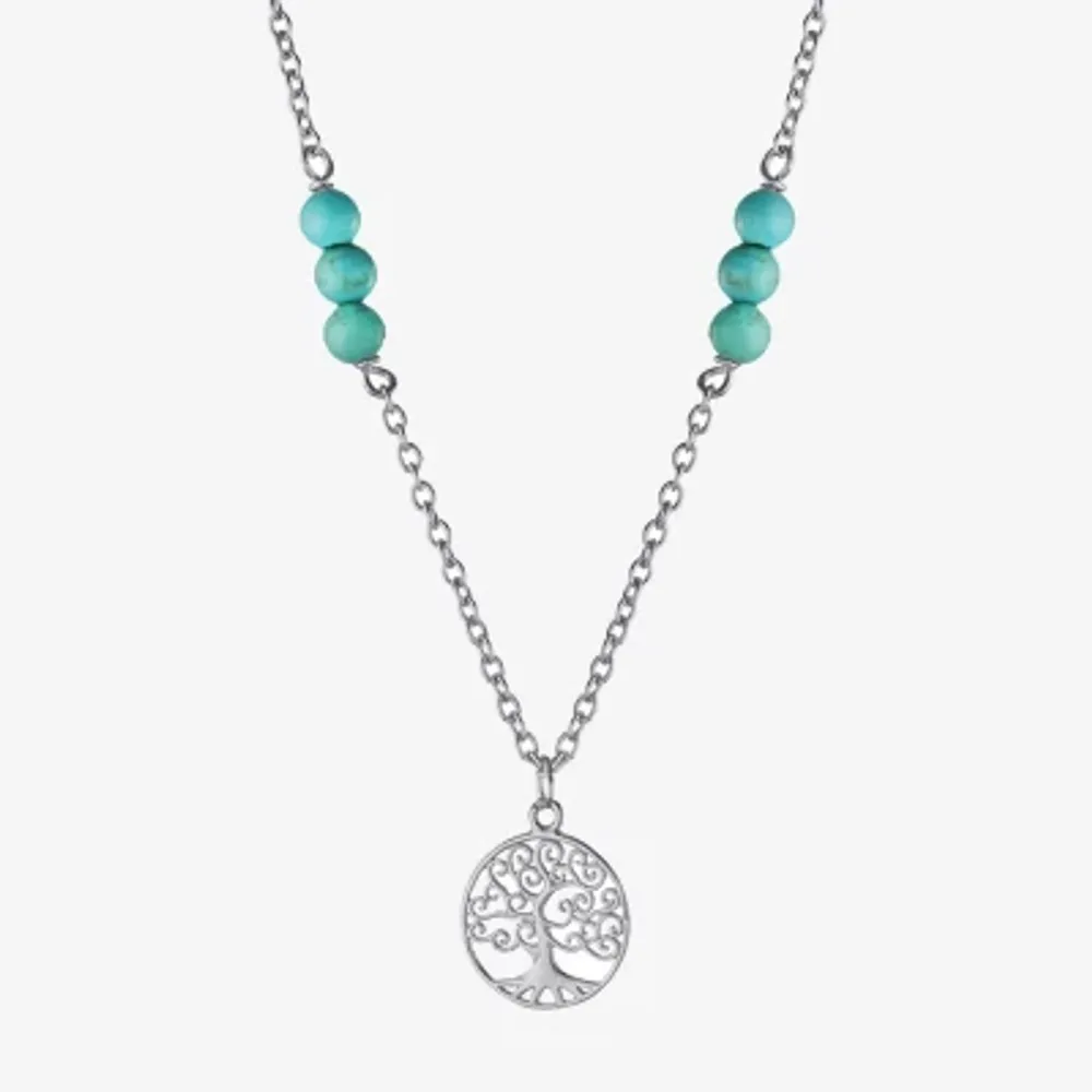 Tree Of Life Womens Enhanced Blue Turquoise Sterling Silver Pendant Necklace