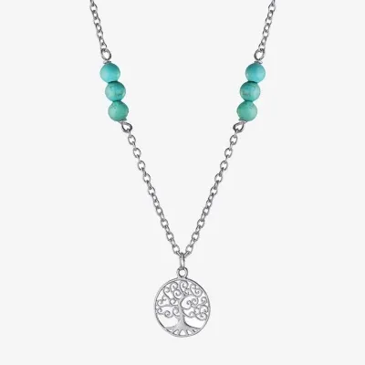 Tree Of Life Womens Enhanced Blue Turquoise Sterling Silver Pendant Necklace