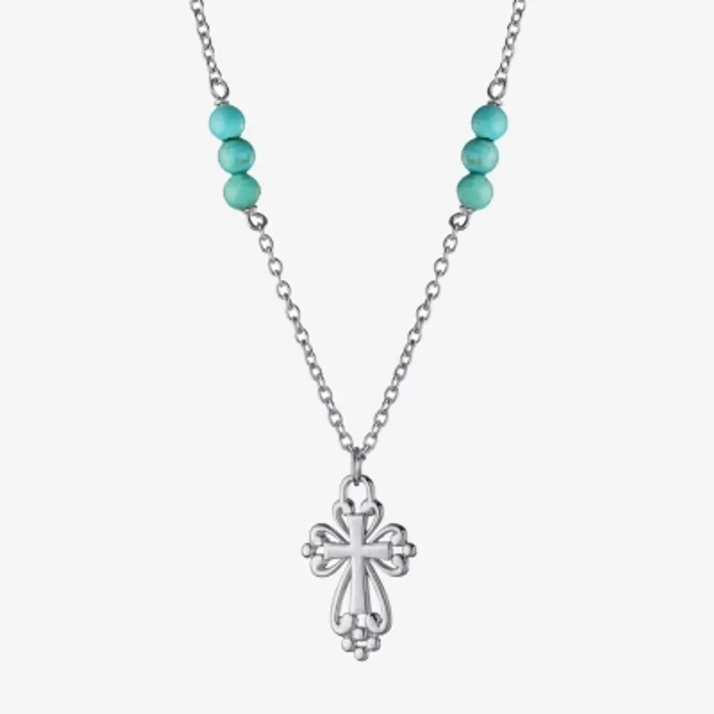 Womens Enhanced Blue Turquoise Sterling Silver Cross Round Pendant Necklaces
