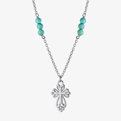 Womens Enhanced Blue Turquoise Sterling Silver Cross Round Pendant Necklaces