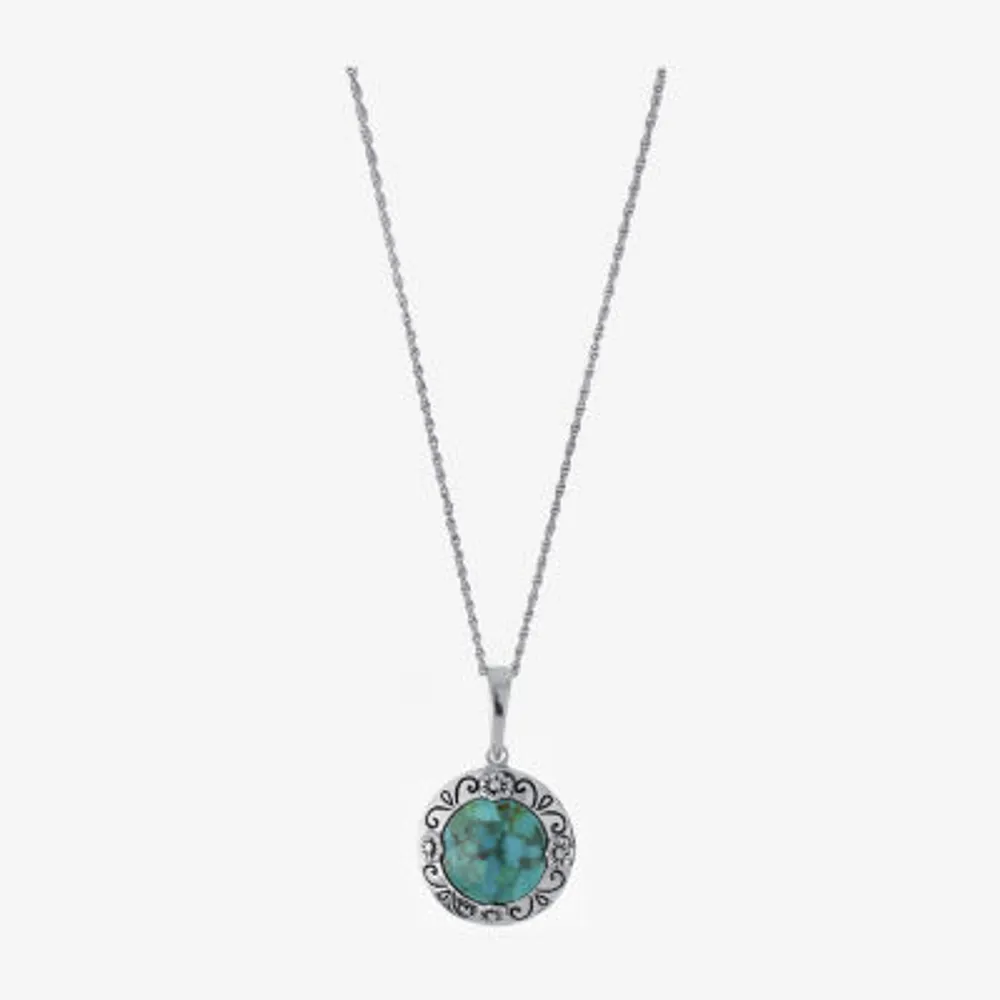 Womens Enhanced Blue Turquoise Sterling Silver Round Pendant Necklace