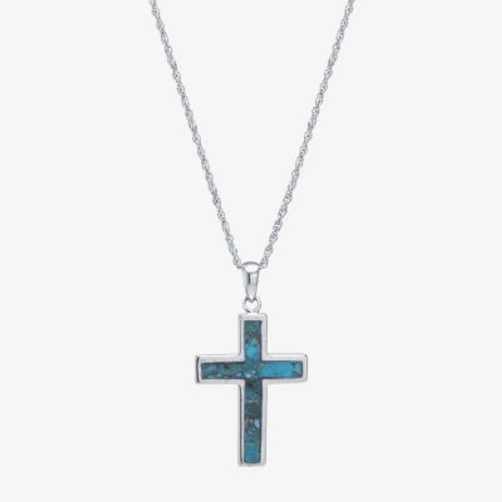 Womens Enhanced Blue Turquoise Sterling Silver Cross Pendant Necklace