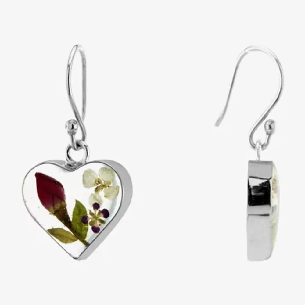 Everlasting Flower Real Pressed Flowers Womens Sterling Silver Heart Drop Earrings