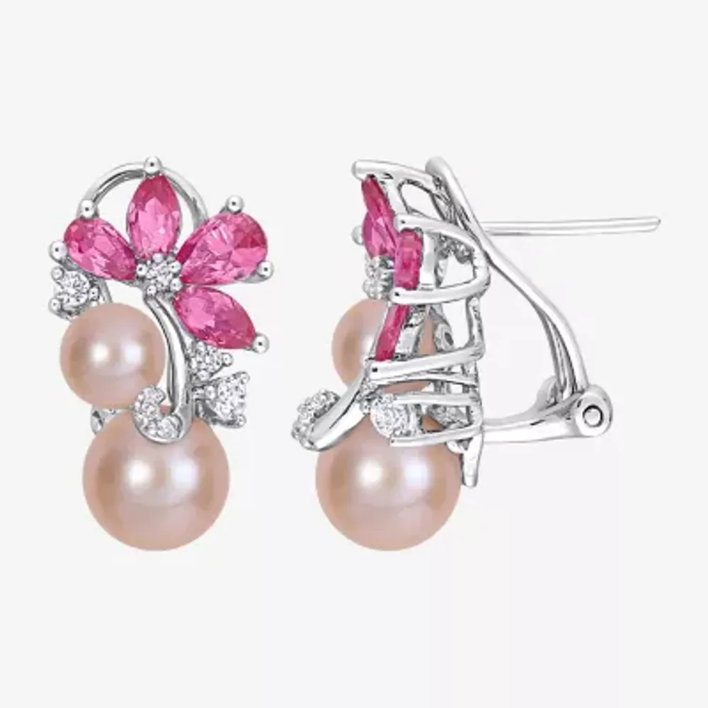 Pink Cultured Freshwater Pearl Sterling Silver Flower Drop Earrings