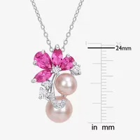 Womens Pink Cultured Freshwater Pearl Sterling Silver Flower Pendant Necklace