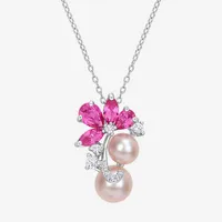 Womens Pink Cultured Freshwater Pearl Sterling Silver Flower Pendant Necklace