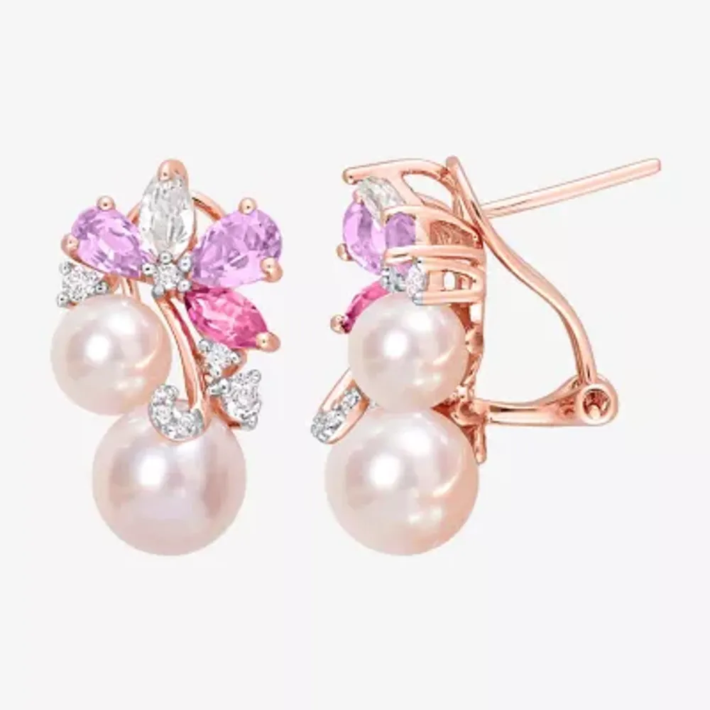 Pink Cultured Freshwater Pearl 18K Rose Gold Over Silver Flower Drop Earrings