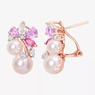Pink Cultured Freshwater Pearl 18K Rose Gold Over Silver Flower Drop Earrings