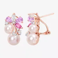 Pink Cultured Freshwater Pearl 18K Rose Gold Over Silver Flower Drop Earrings