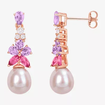 Womens Pink Cultured Freshwater Pearl 18K Rose Gold Over Silver Drop Earrings