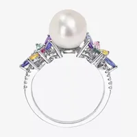 Womens 9-9.5MM White Cultured Freshwater Pearl & 1/8 CT. T.W. Genuine Diamond 14K Gold Cocktail Ring