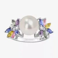 Womens 9-9.5MM White Cultured Freshwater Pearl & 1/8 CT. T.W. Genuine Diamond 14K Gold Cocktail Ring