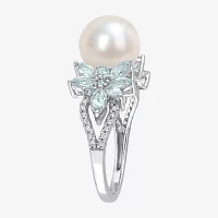 Womens 9-9.5MM White Cultured Freshwater Pearl & 1/8 CT. T.W.  Genuine Diamond 14K Gold Cocktail Ring