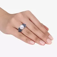 Womens 9-9.5MM White Cultured Freshwater Pearl & 1/8 CT. T.W.  Genuine Diamond 14K Gold Flower Cocktail Ring