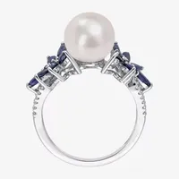 Womens 9-9.5MM White Cultured Freshwater Pearl & 1/8 CT. T.W.  Genuine Diamond 14K Gold Flower Cocktail Ring