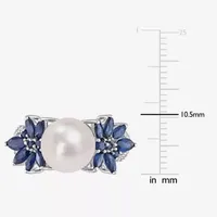 Womens 9-9.5MM White Cultured Freshwater Pearl & 1/8 CT. T.W.  Genuine Diamond 14K Gold Flower Cocktail Ring