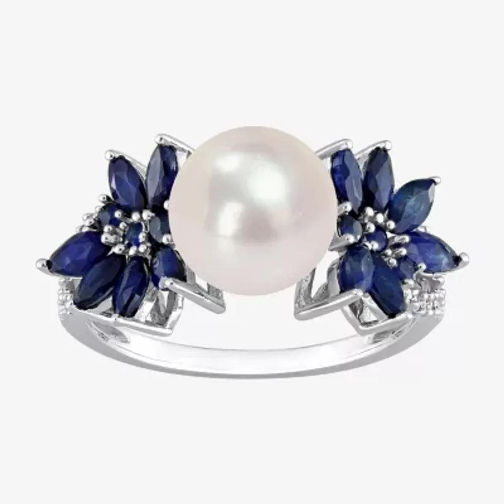 Womens 9-9.5MM White Cultured Freshwater Pearl & 1/8 CT. T.W. Genuine Diamond 14K Gold Flower Cocktail Ring