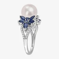 Womens 9-9.5MM White Cultured Freshwater Pearl & 1/8 CT. T.W.  Genuine Diamond 14K Gold Flower Cocktail Ring