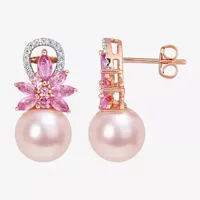 Pink Cultured Freshwater Pearl & 1/8 CT. T.W.  Genuine Diamond 14K Rose Gold Flower Drop Earrings