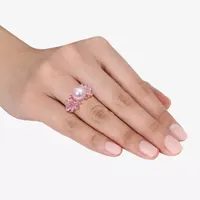 Womens 9-9.5MM Pink Cultured Freshwater Pearl & 1/8 CT. T.W.  Genuine Diamond 14K Rose Gold Flower Cocktail Ring